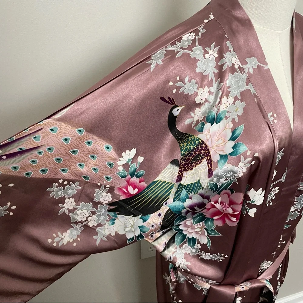 Kim and Ono Robe Kimono Charmeuse Asian Floral Silky Satin Long Pockets Pink - Picture 3 of 13